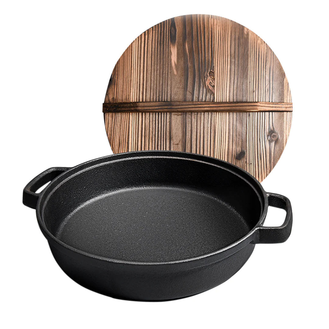 SOGA 29cm Round Cast Iron Pre-seasoned Deep Baking Pizza Frying Pan Skillet with Wooden Lid