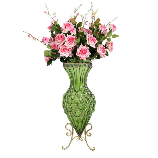 SOGA 67cm Green Glass Tall Floor Vase and 12pcs Pink Artificial Fake Flower Set