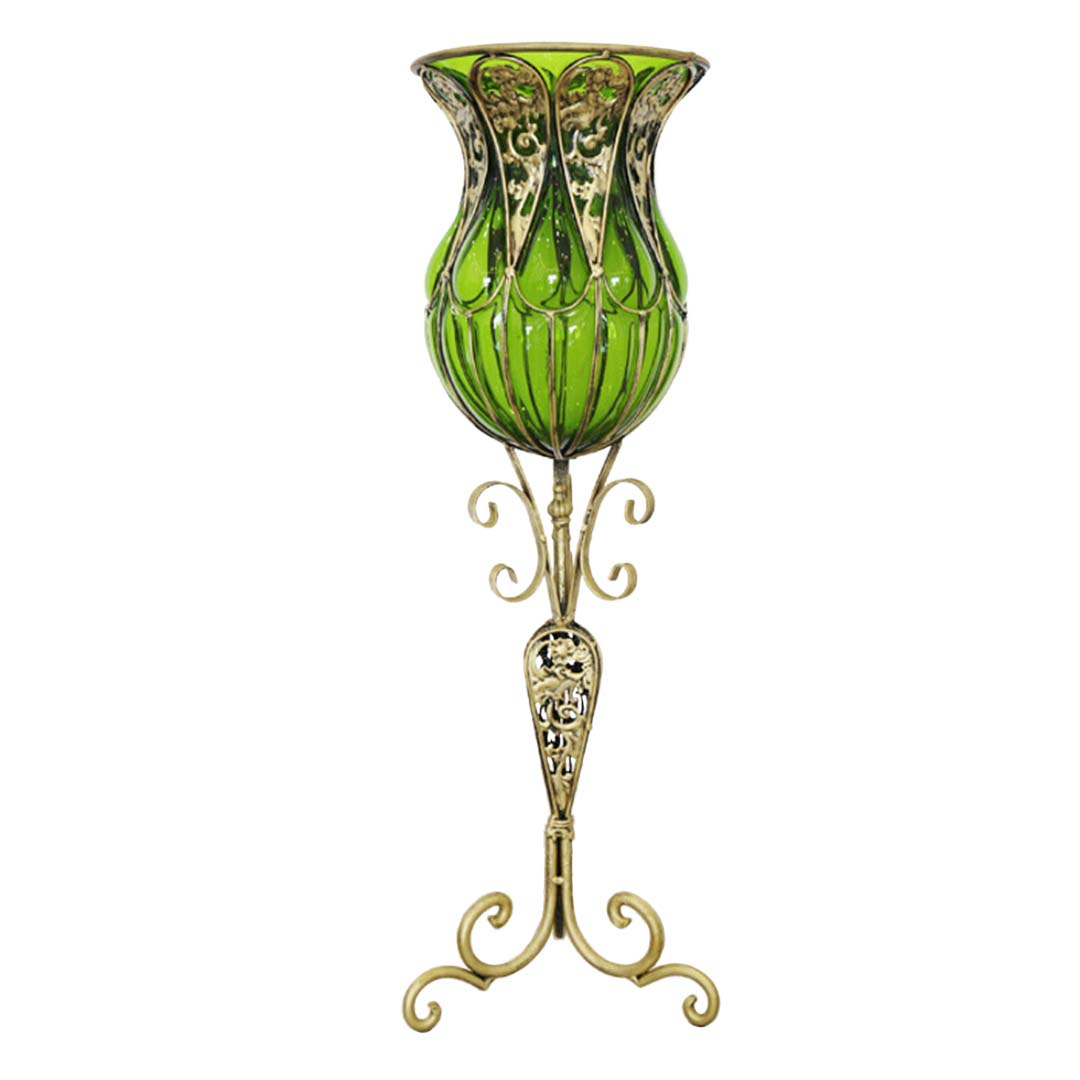 SOGA 85cm Green Glass Floor Vase with Tall Metal Flower Stand