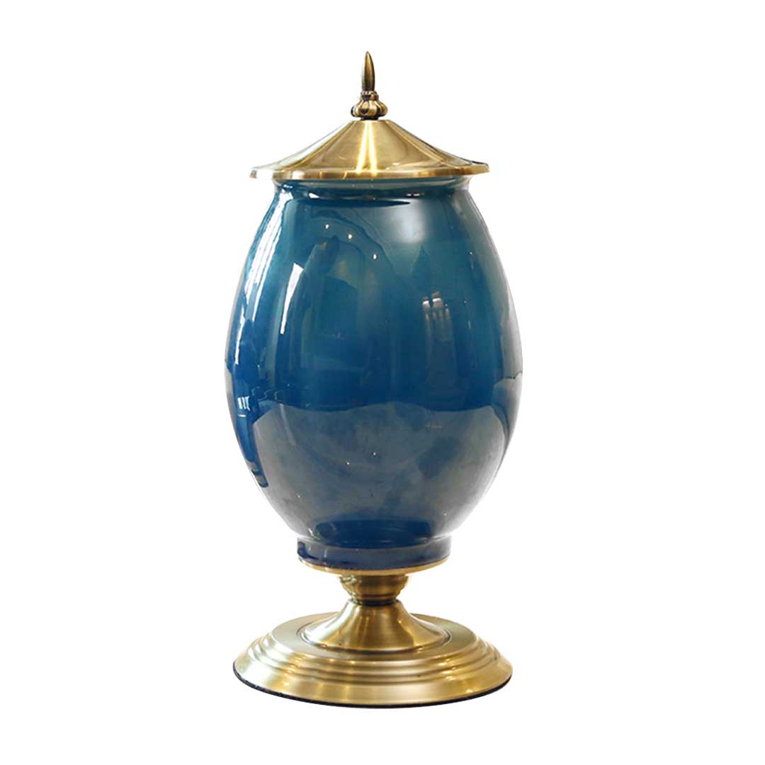 SOGA 40cm Ceramic Oval Flower Vase with Gold Metal Base Dark Blue