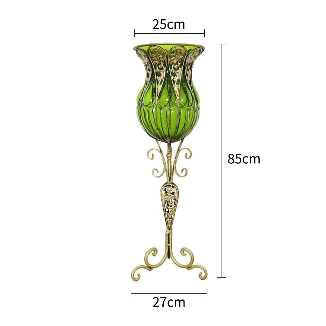 SOGA 85cm Green Glass Tall Floor Vase and 12pcs Pink Artificial Fake Flower Set