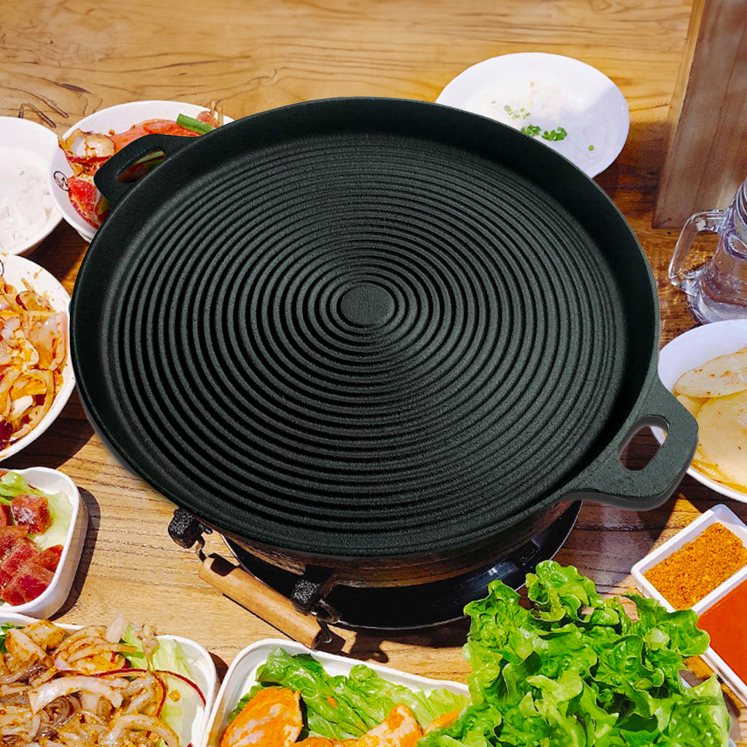 SOGA 35cm Round Ribbed Cast Iron Frying Pan Skillet Steak Sizzle Platter with Handle