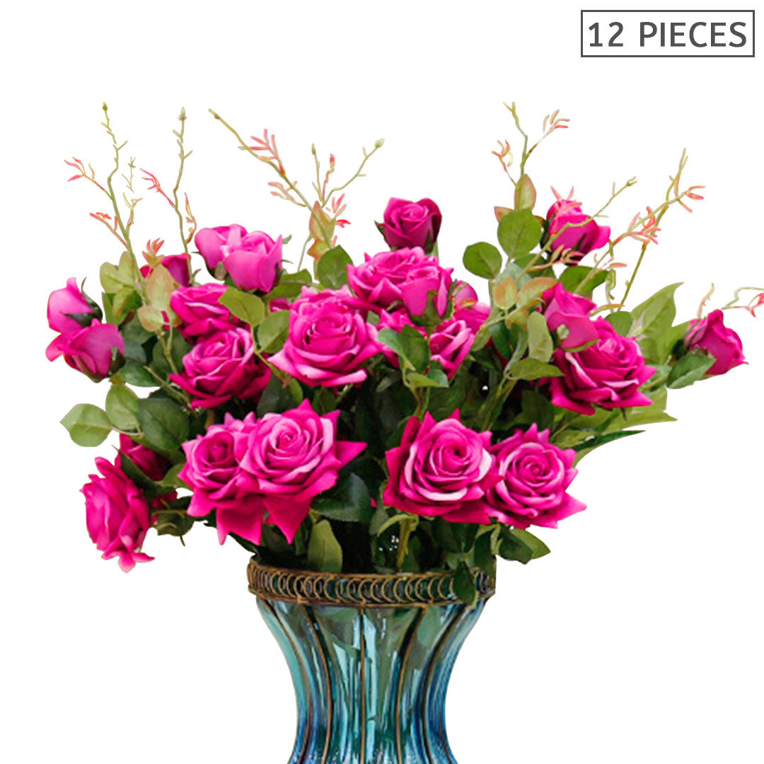 SOGA 12pcs Artificial Silk Flower Fake Rose Bouquet Table Decor Dark Pink