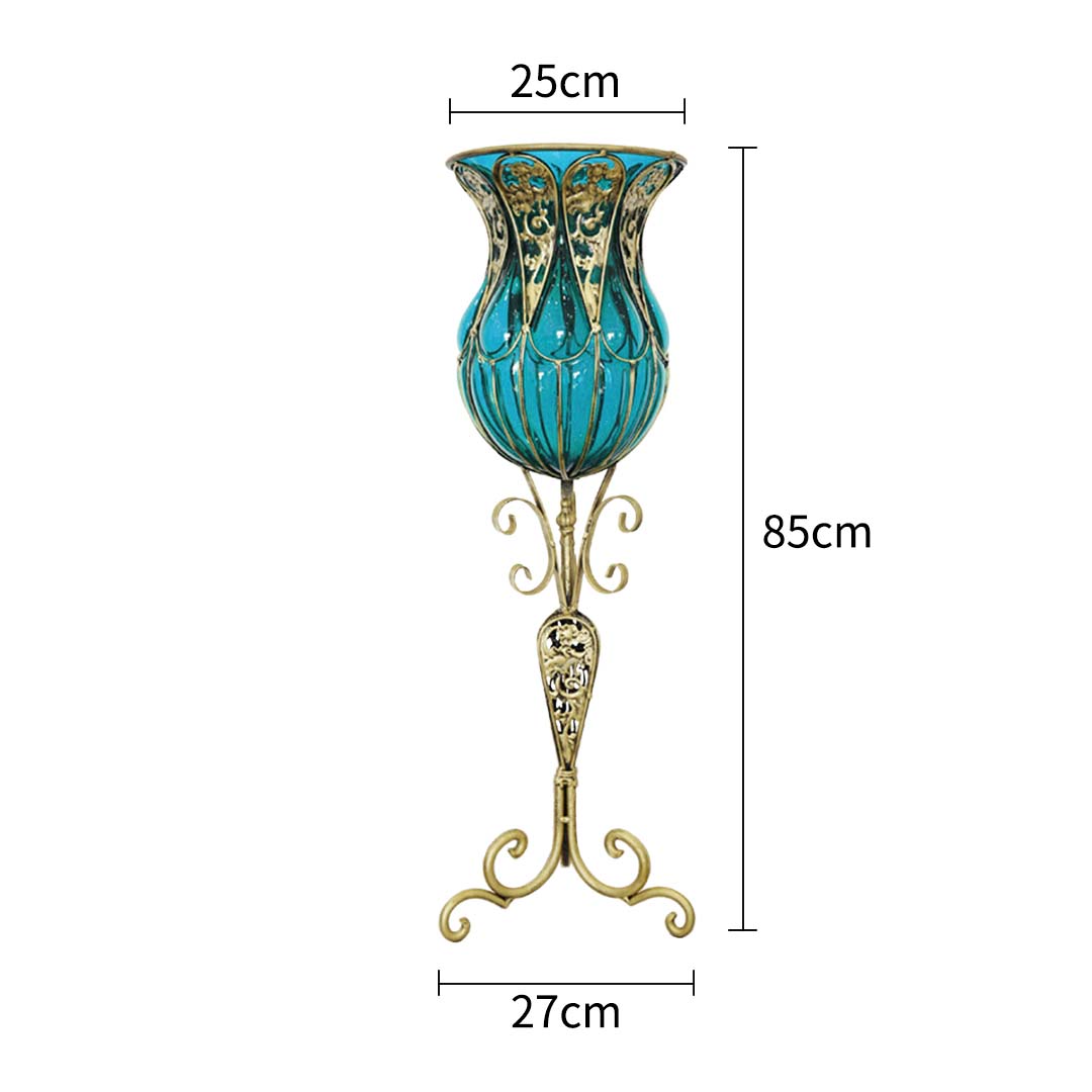 SOGA 85cm Blue Glass Floor Vase with Tall Metal Flower Stand