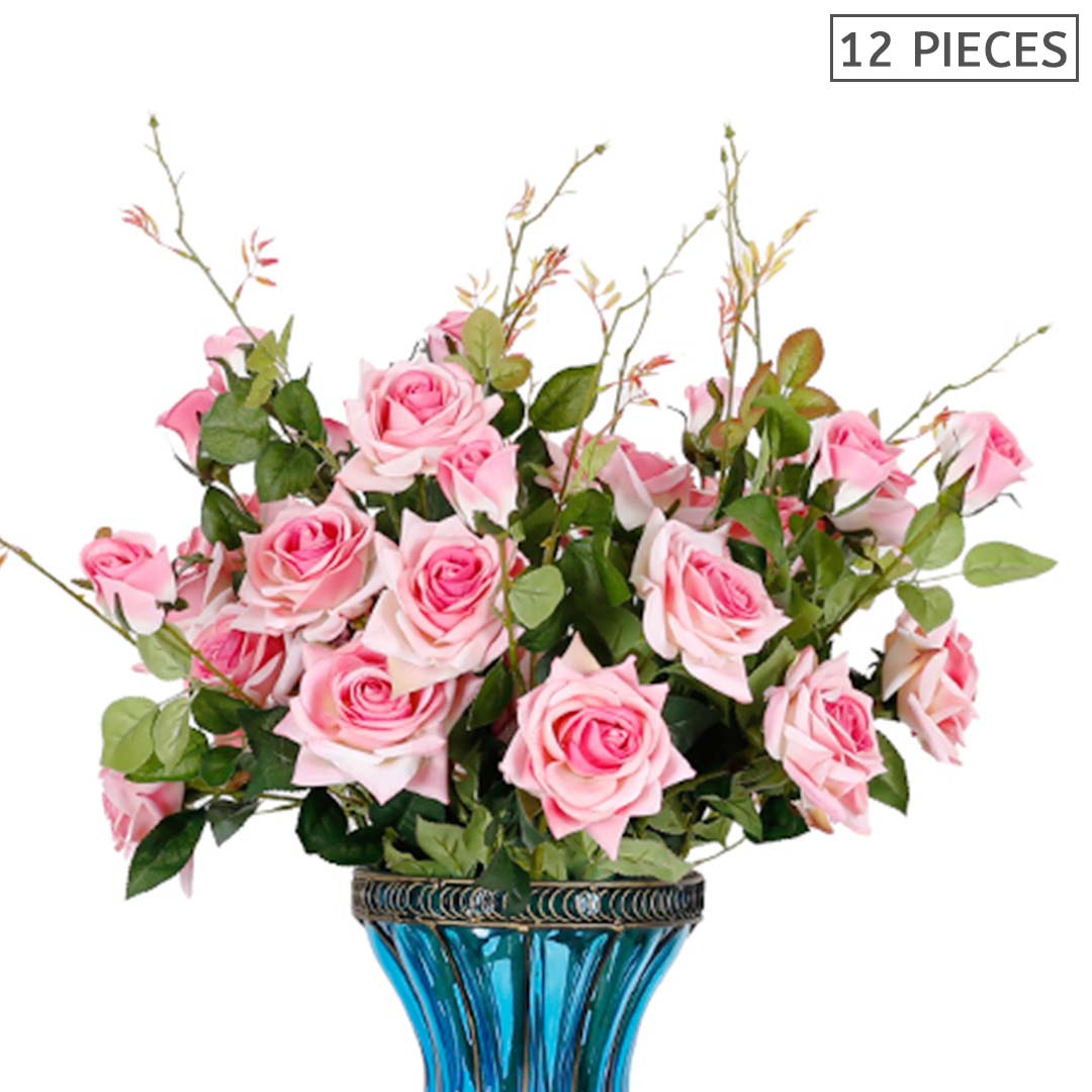 SOGA 12 Heads Artificial Silk Flower Fake Rose Bouquet Table Decor Pink