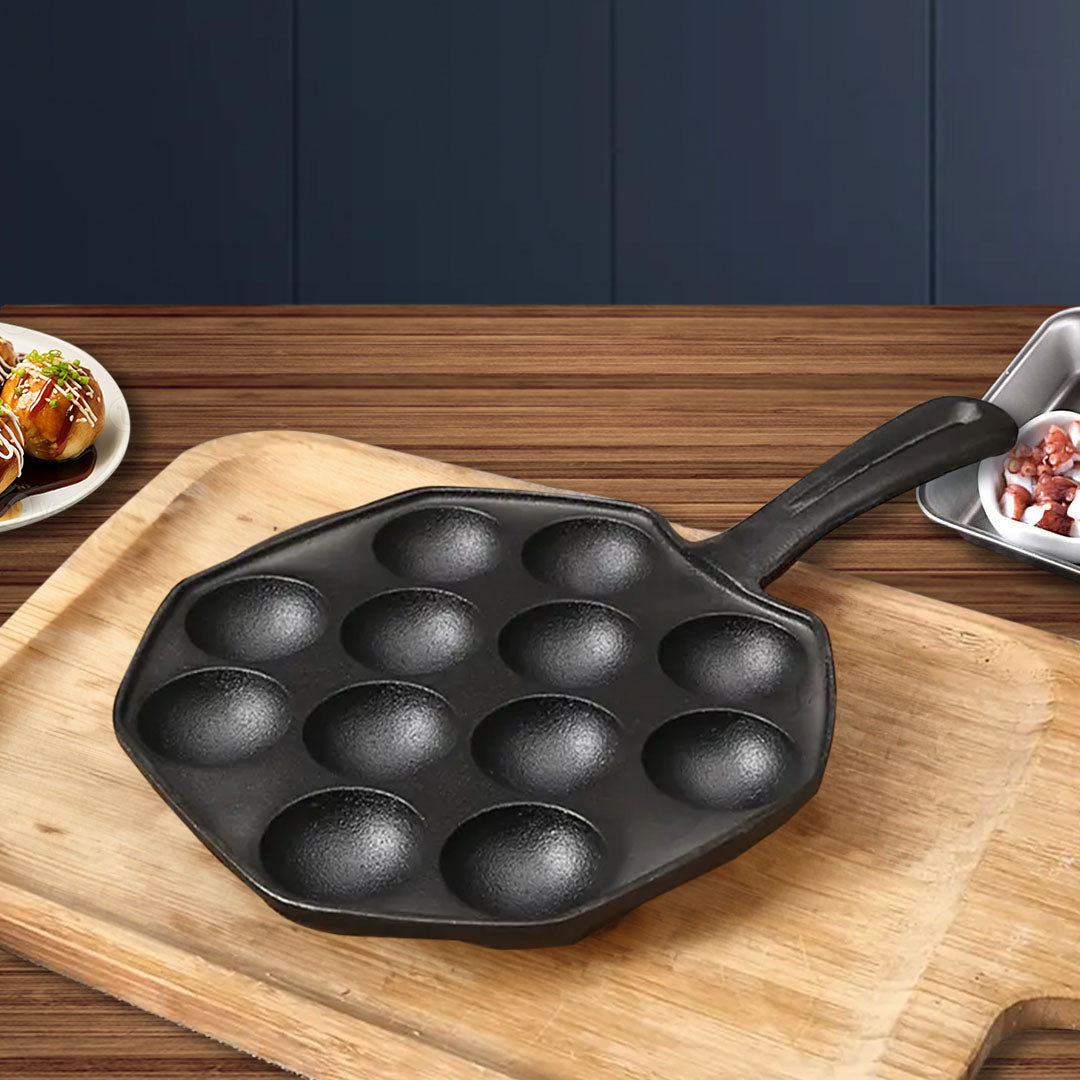 SOGA 18CM Cast Iron Takoyaki Fry Pan Octopus Balls Maker 12 Hole Cavities Grill Mold