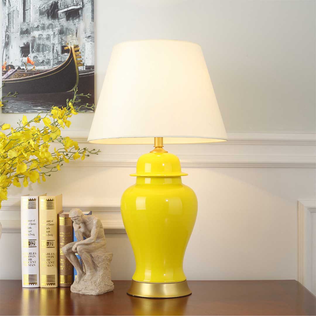 SOGA Oval Ceramic Table Lamp with Gold Metal Base Desk Lamp Yellow