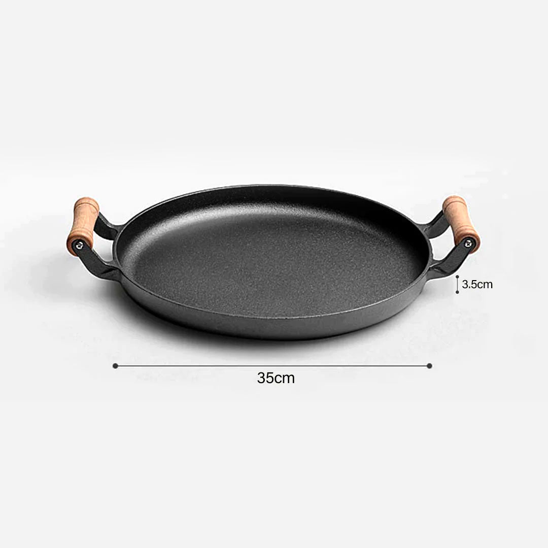 SOGA 35cm Cast Iron Frying Pan Skillet Steak Sizzle Fry Platter With Wooden Handle No Lid