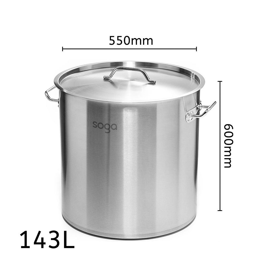 SOGA Stock Pot 143Lt Top Grade Thick Stainless Steel Stockpot 55CMX60CM 18/10