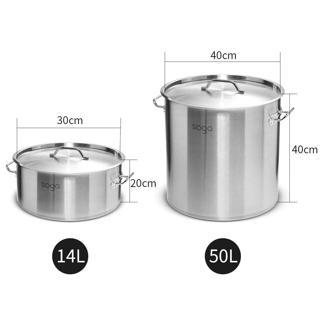 SOGA 14L Wide Stock Pot  and 50L Tall Top Grade Thick Stainless Steel Stockpot 18/10