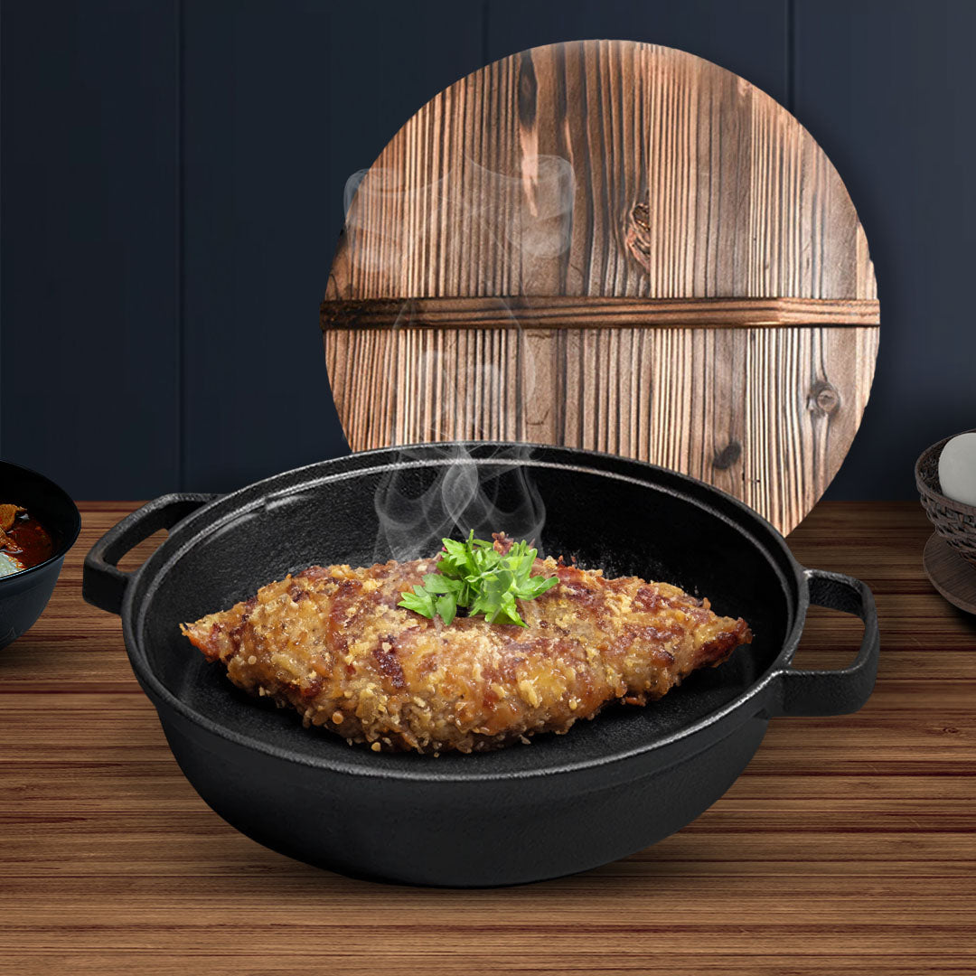 SOGA 35cm Round Cast Iron Pre-seasoned Deep Baking Pizza Frying Pan Skillet with Wooden Lid