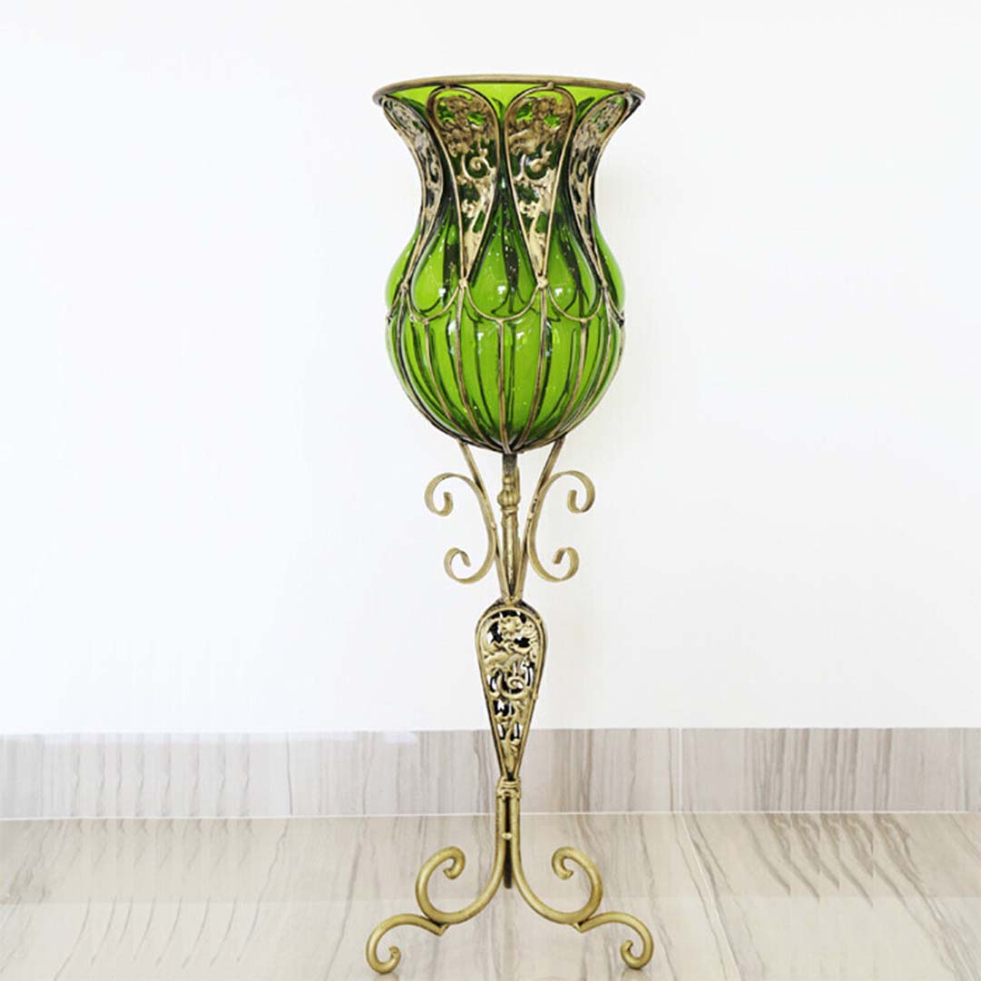 SOGA 85cm Green Glass Floor Vase with Tall Metal Flower Stand