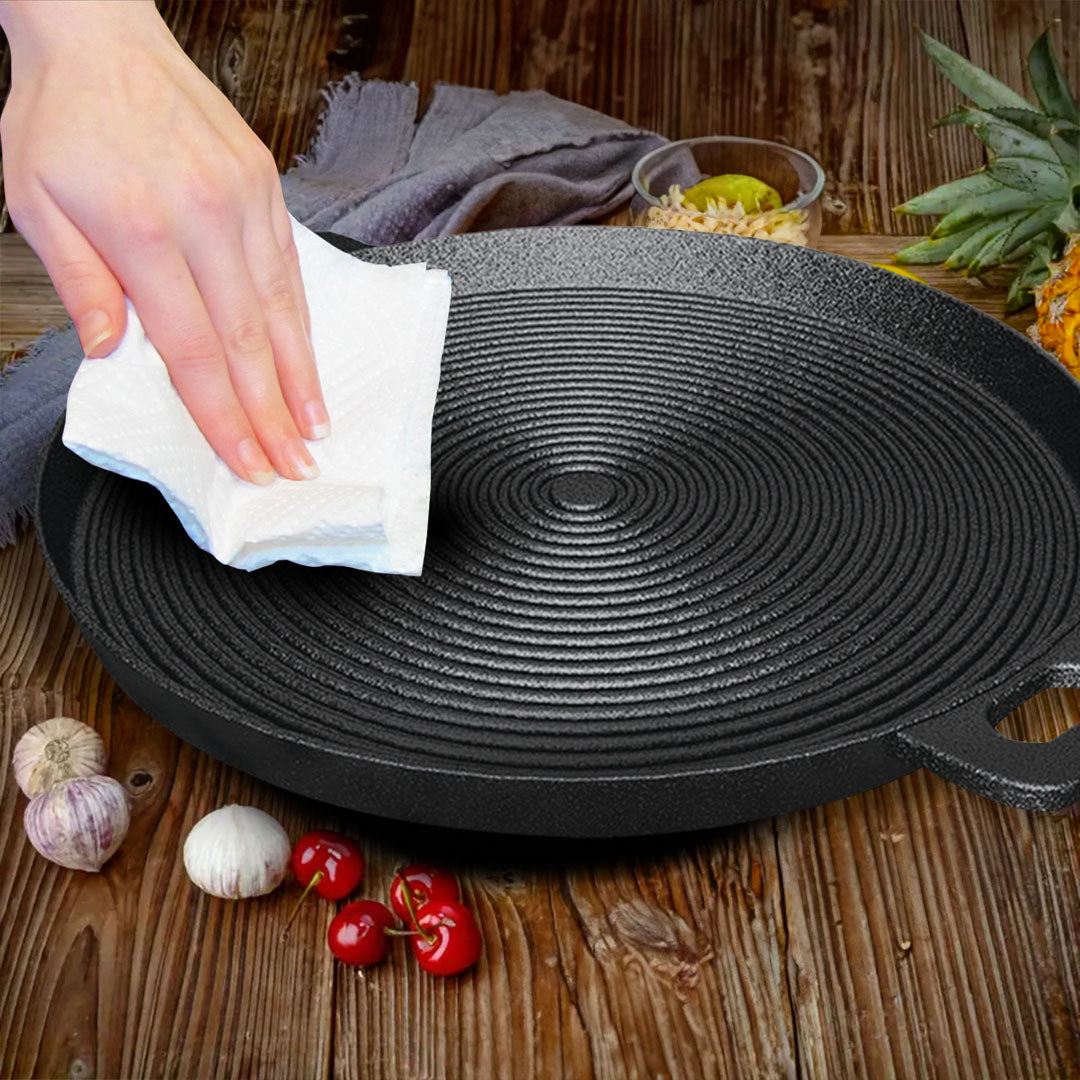 SOGA 35cm Round Ribbed Cast Iron Frying Pan Skillet Steak Sizzle Platter with Handle