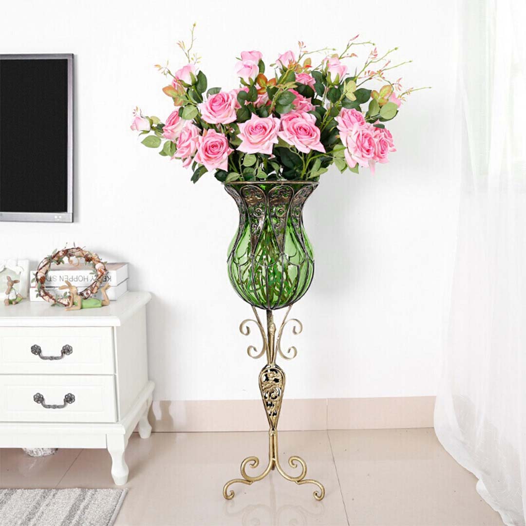 SOGA 85cm Green Glass Tall Floor Vase and 12pcs Pink Artificial Fake Flower Set