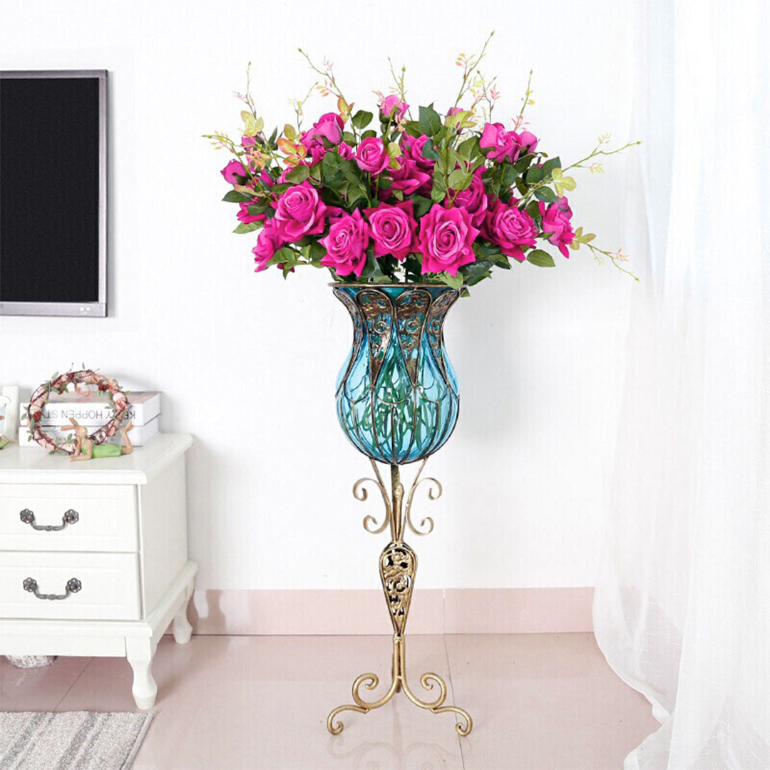 SOGA 85cm Blue Glass Tall Floor Vase and 12pcs Dark Pink Artificial Fake Flower Set