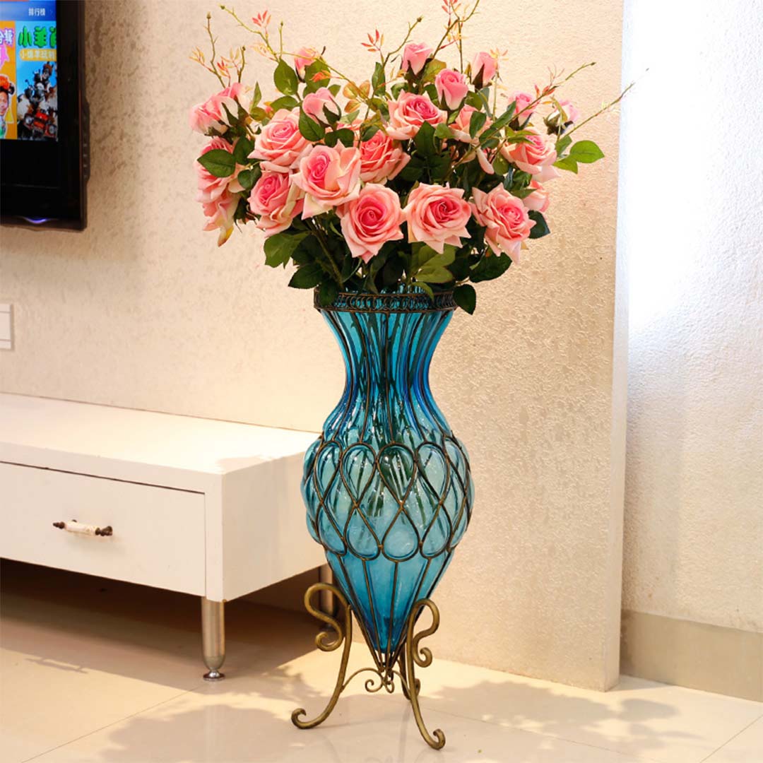 SOGA 67cm Blue Glass Tall Floor Vase and 12pcs Pink Artificial Fake Flower Set