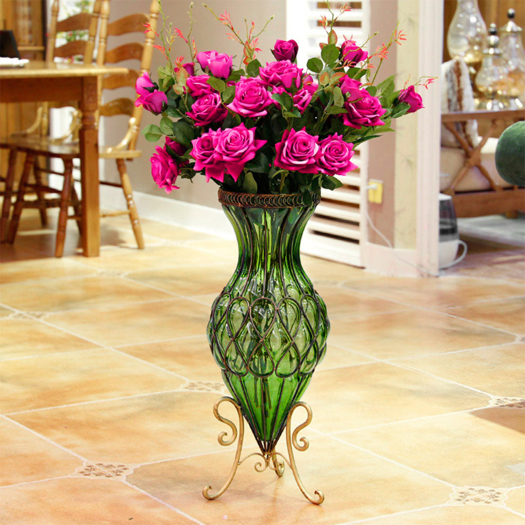 SOGA 67cm Green Glass Tall Floor Vase and 12pcs Dark Pink Artificial Fake Flower Set