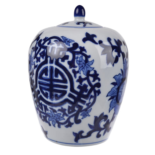 Dynasty Bulb Lidded Jar 15.24cm  Stunning chinoiserie style, with intricate blue and white designs that will complement an