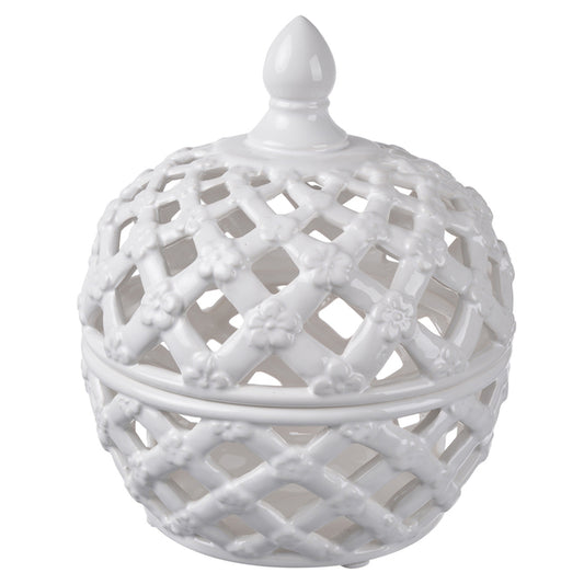 Lattice Decorative Lidded Jar Flower Motive. White colour and contemporary style