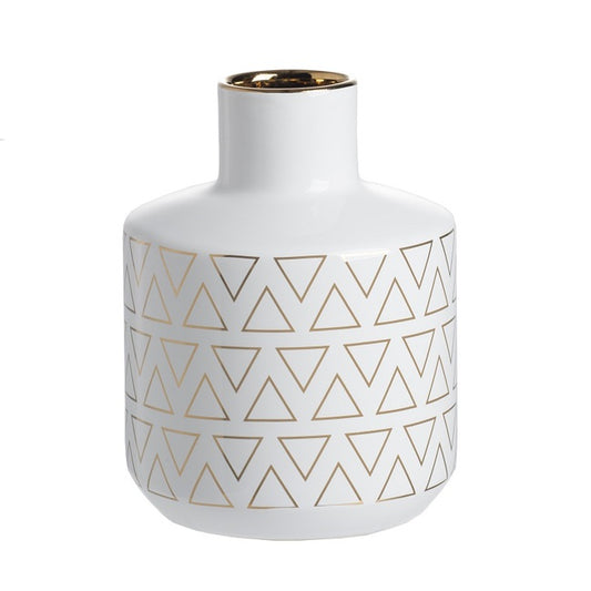 Geo Vase 20 cms high Indoor/Outdoor. Our Geo Vase Small  with a gloss white finish and gold trim