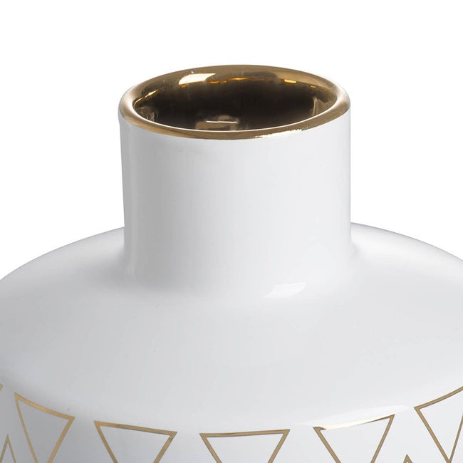 Geo Vase 20 cms high Indoor/Outdoor. Our Geo Vase Small  with a gloss white finish and gold trim