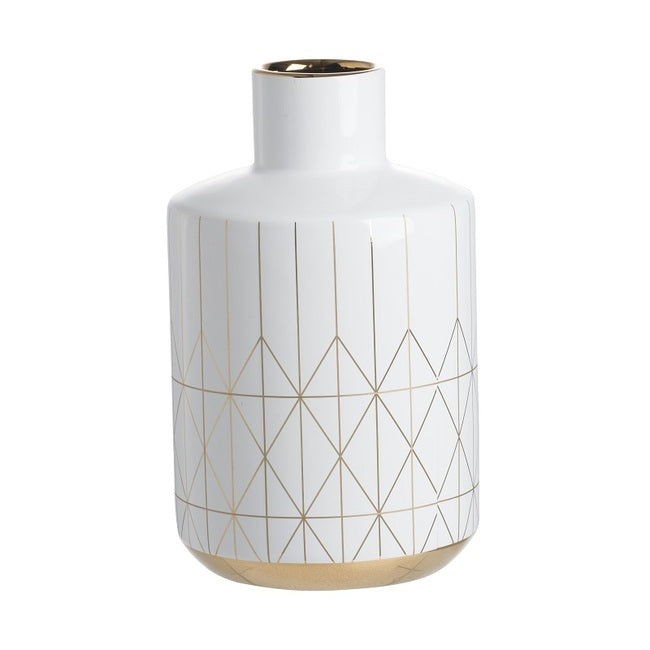 Geo Vase Tall Ceramic 25cms high Indoor or Outdoor. Our Geo Vase Small  with a gloss white finish and gold trim