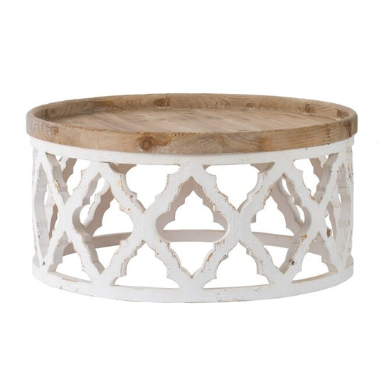 Lattice Round Shabby Chic Coffee Table Distressed White. A lattice pattern with a weathered white finish