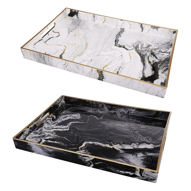 Marble Patterned Black & White set of 2 Rectangular trays. Natural stone look.