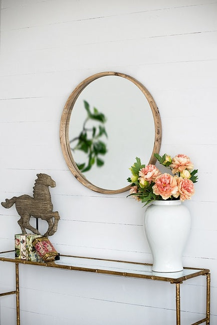 Atherton Round Fir Wood Wall Mirror 70. Can be featured above a vanity in the master bath or conveniently in the entryway