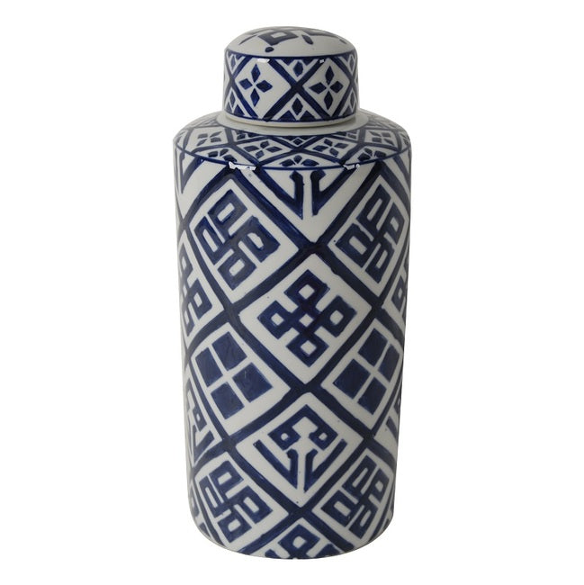 Valora Blue and White Cylinder Jar 35cm. Classical aesthetic with contemporary personality