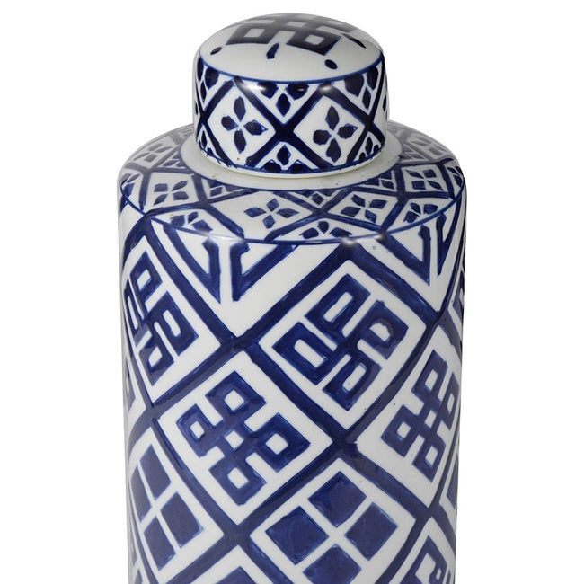 Valora Blue and White Cylinder Jar 35cm. Classical aesthetic with contemporary personality