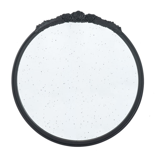 Bingley Rose Black Round Mirror 74cm hand Carved rose embellishment on the top arch