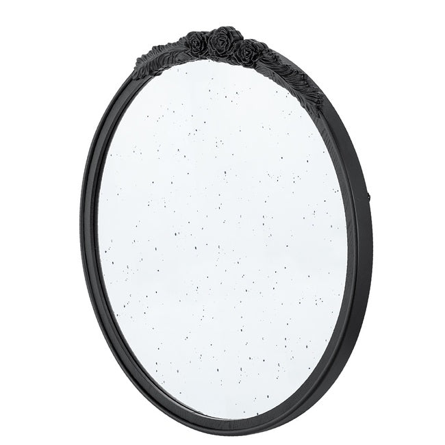 Bingley Rose Black Round Mirror 74cm hand Carved rose embellishment on the top arch