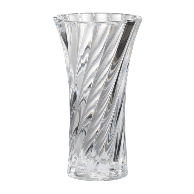 Clear Glass Curved Column Vase 20cmh. Spiral pattern that easily complements arrangements of foliage and flowers