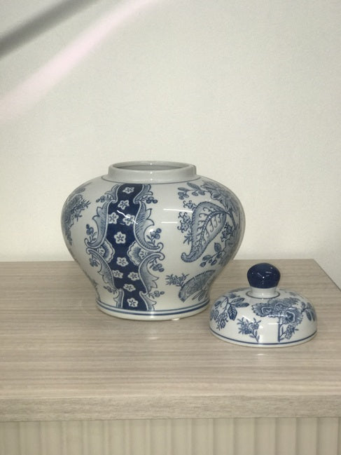 Nanjing Ginger Jar 23cms tall detailed blue floral motifs. Antique-inspired charm. Whether displayed empty or filled with a vibrant collection of flow