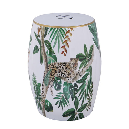 Jungle Themed Ceramic Stool. The cheetah and jungle graphic play into the natural, bohemian feel. Used as either a stool or an end table