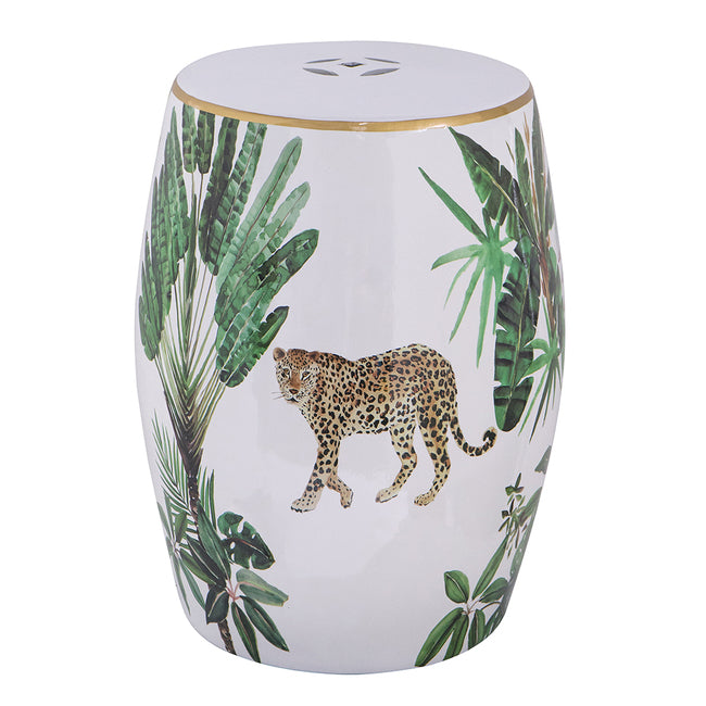 Jungle Themed Ceramic Stool. The cheetah and jungle graphic play into the natural, bohemian feel. Used as either a stool or an end table