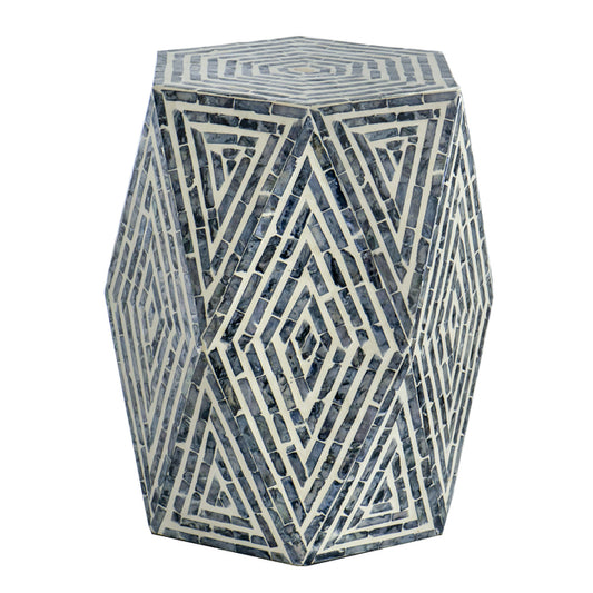 Black & White Hexagon Stool. The angular faces of this hexagon pedestal stool feature an exquisite linear diamond design and Capiz inlay