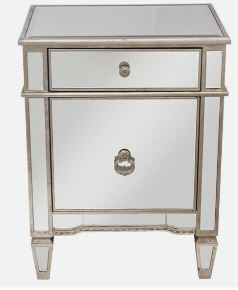 Mirrored Bedside Cabinet Antique 1 Door 1 Drawer Champagne trim