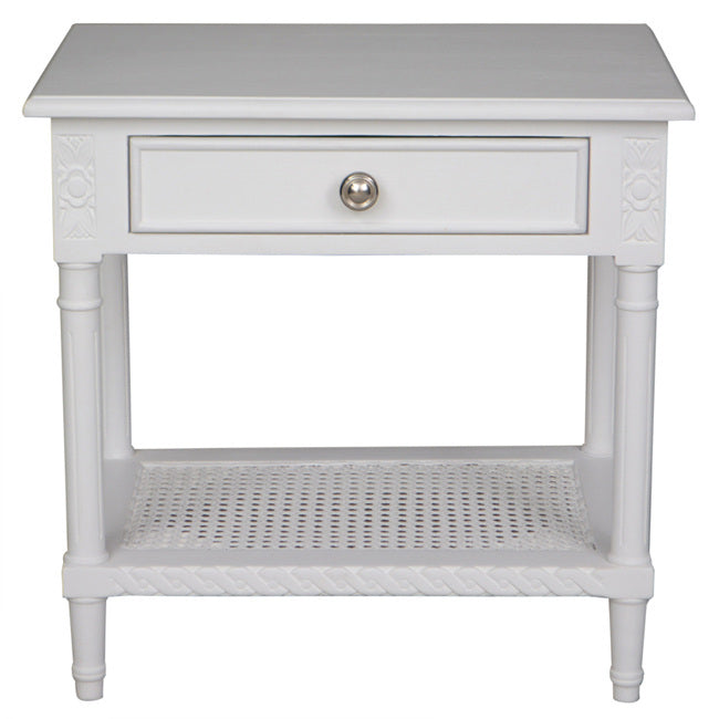 Polo Side Table/Bedside White 60. Introducing the Hamptons White Bedside Table with Rattan Shelf