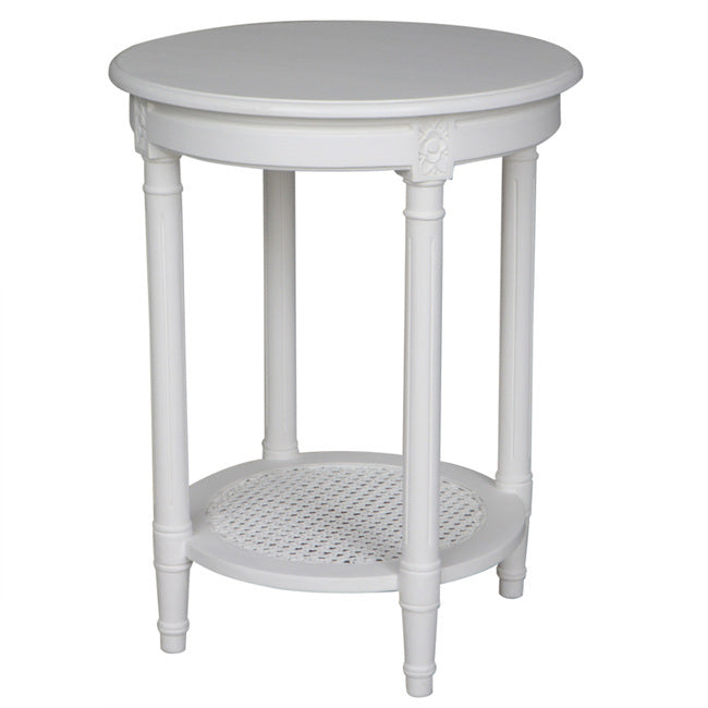 Polo Occasional Round Table White hand Painted Rattan Shelf. Hamptons style white