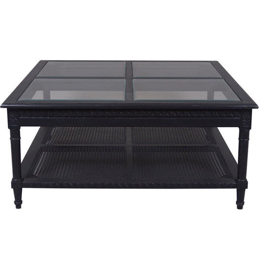 Hamptons style black coffee table with rattan shelf