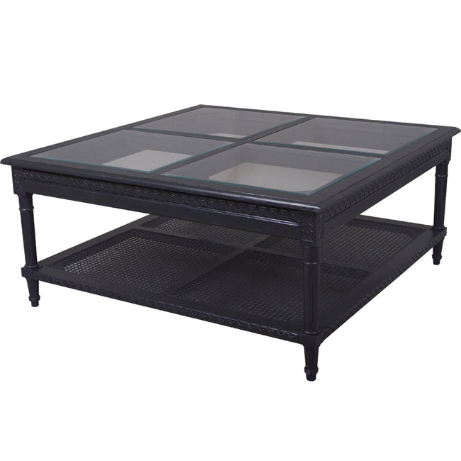 Hamptons style black coffee table with rattan shelf