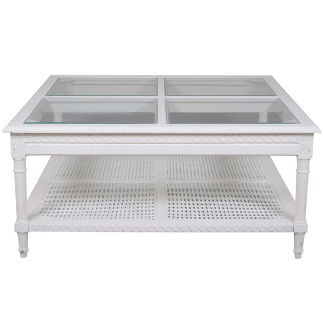 Hamptons style white coffee table with rattan shelf