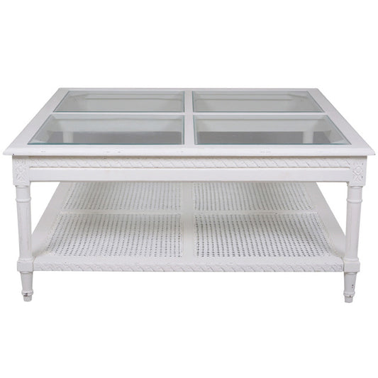 Hamptons style white coffee table with rattan shelf