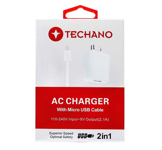 Techano AC Charger with Micro USB Cable 2.1 AMP