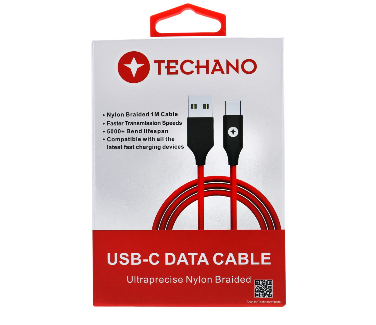 Techano Ultraprecise Nylon Braided USB-C Data | Sync Cable -Hot Red