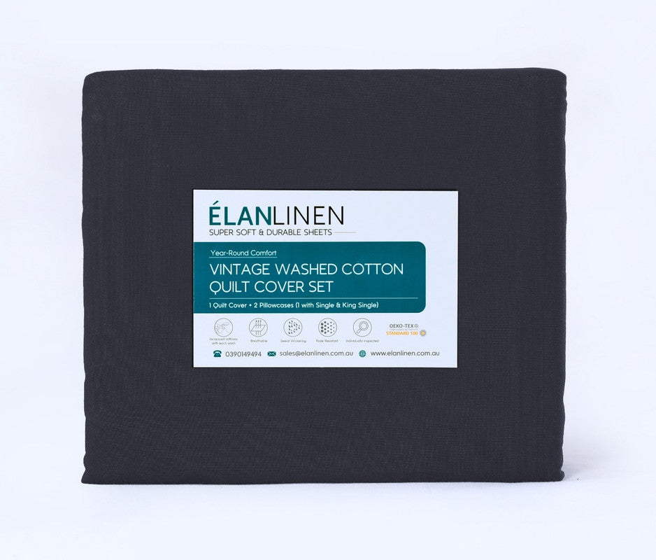 Elan Linen 100% Egyptian Cotton Vintage Washed 500TC Charcoal King Single Bed Sheets Set