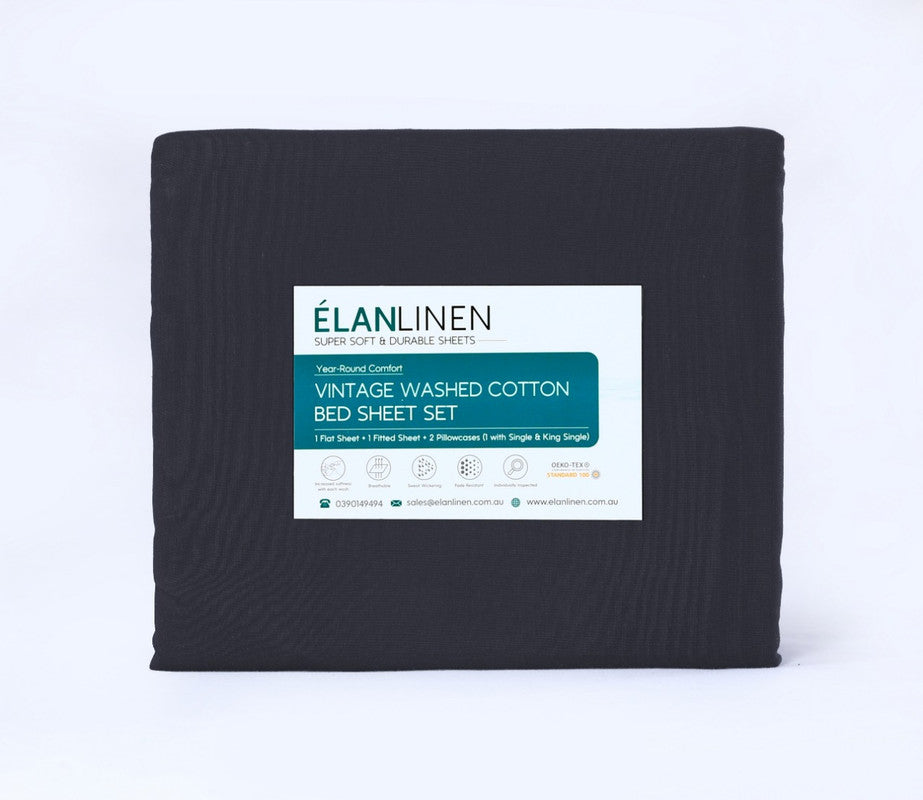 Elan Linen 100% Egyptian Cotton Vintage Washed 500TC Charcoal King Single Bed Sheets Set