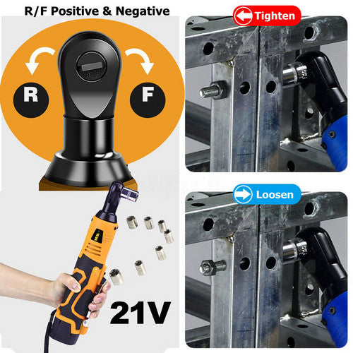 21V 3/8'' 100N.m Electric Right Angle Ratchet Wrench Charger+ 2 Battery